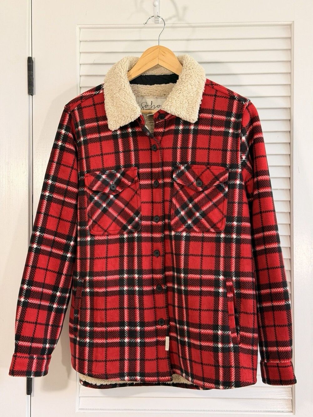 Soho Threads Sherpa Lined Plaid Shacket M Red Black Tartan Fleece Jacket